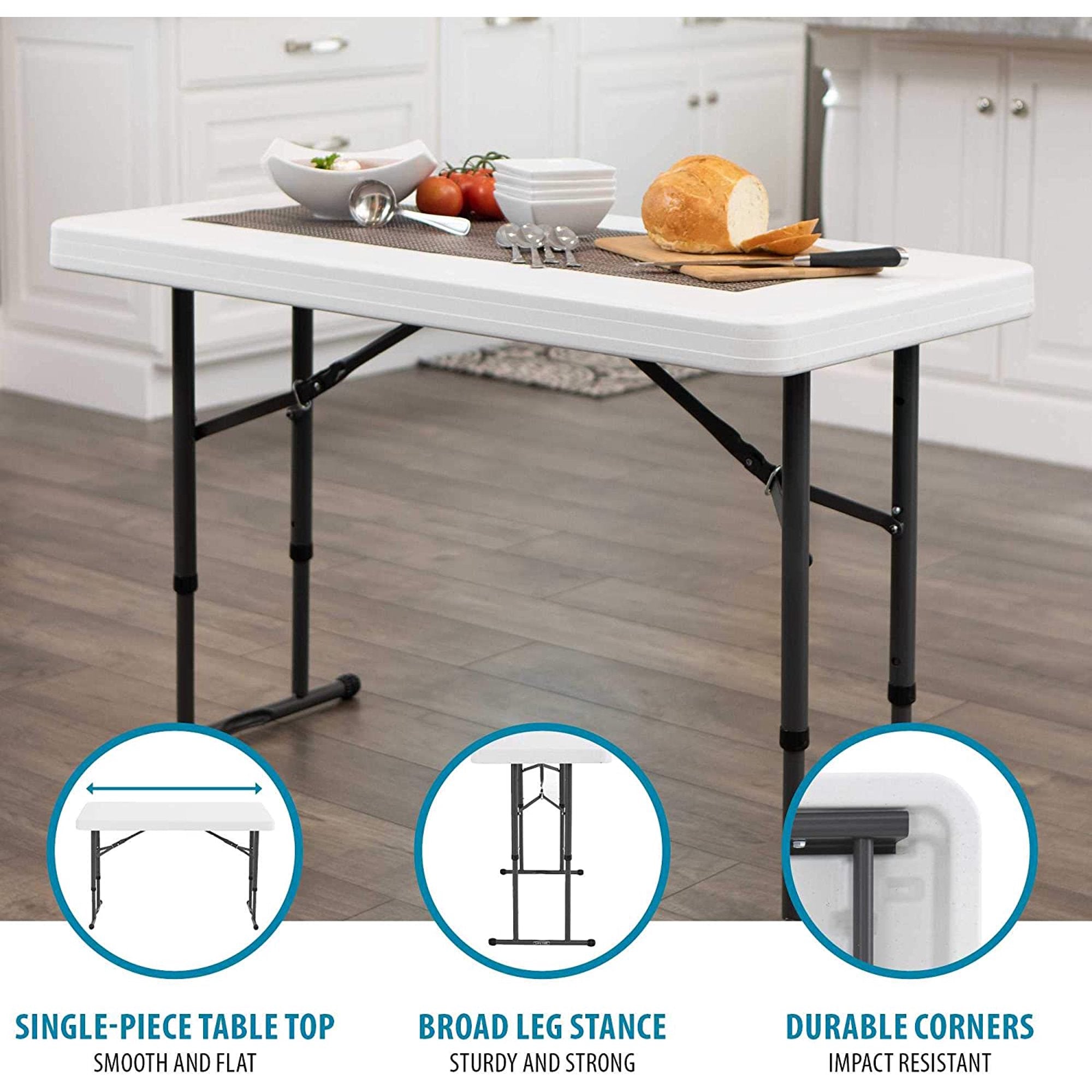 ALPULON Commercial Height Adjustable Folding Utility Table, 4 Feet, White Granite