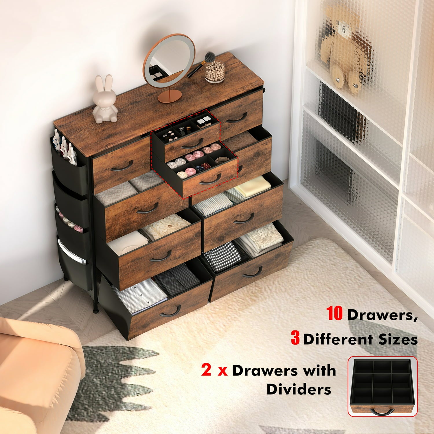 ALPULON 10 Drawer Dresser, Chest of Drawers for Bedroom with Side Pockets and Hooks Fabric Storage Dresser Sturdy Steel Frame Wood Top Organizer Unit for Hallway Closet (Brown)