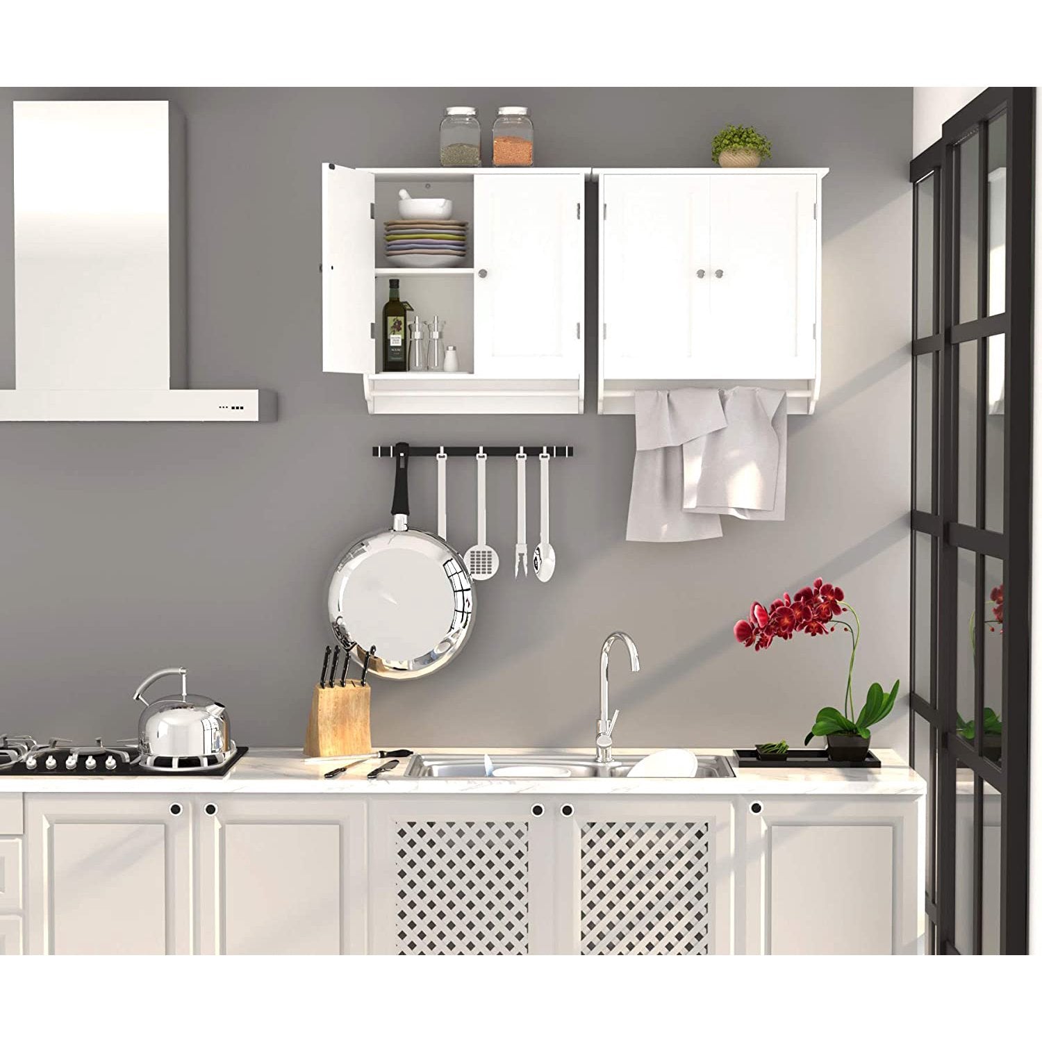 ALPULON Bathroom Wall Cabinet, 23.6'' W over The Toilet Storage Cabinet with Double Door Cupboard and Adjustable Shelf and Towels Bar, White