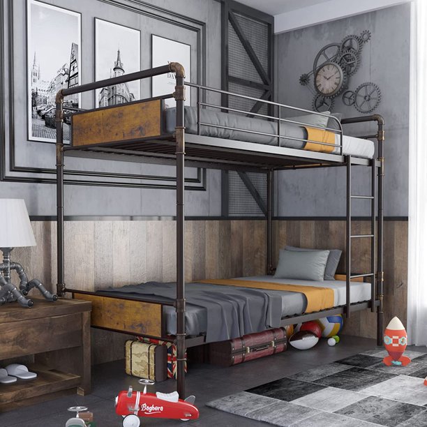 Twin Over Twin Bunk Bed, Convertible Twin Bunk Beds Into 2 Individual Bed, Removable Ladder & Safety Guard Rail for Kids, Easy Assembly, No Box Spring Needed (Vintage Brown)