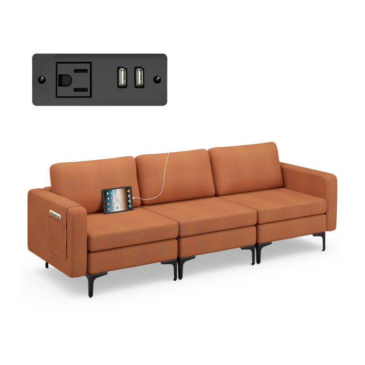 ALPULON Convertible Leather Sofa Couch with Magazine Pockets 3-Sea Orange